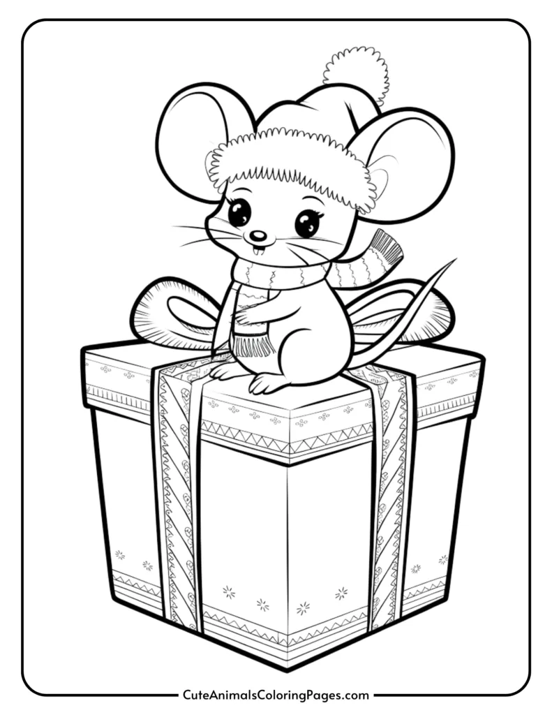 Cute cartoon mouse wearing a winter hat and scarf sitting on a decorated gift box, ideal for coloring activities.