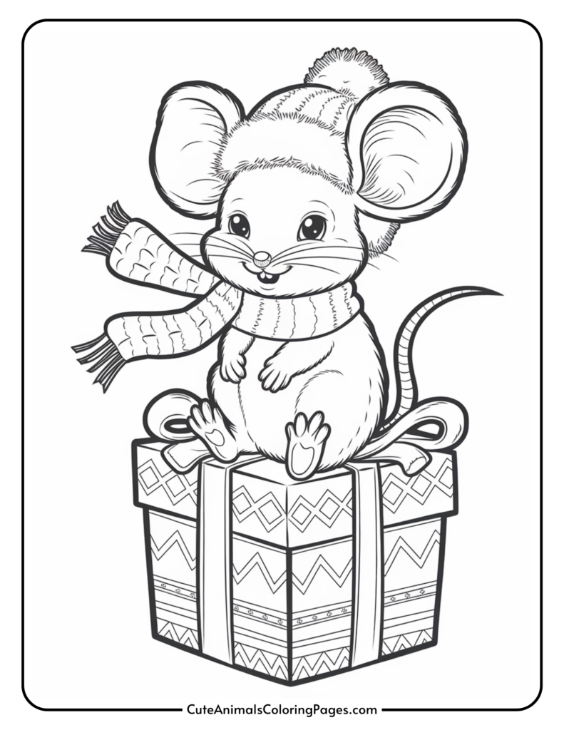 Cute cartoon mouse wearing a knitted hat and scarf, sitting on a decorated gift box, ideal for a coloring page for kids.