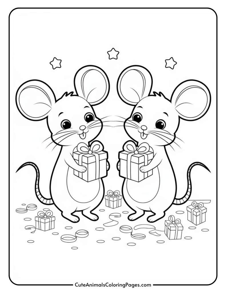 Two cute cartoon mice holding gifts, surrounded by colorful presents and confetti, perfect for a fun coloring activity.