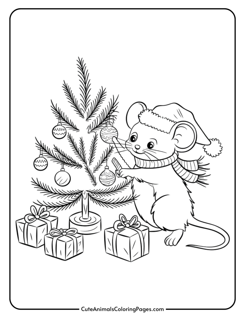 A cute mouse wearing a Santa hat and scarf decorates a Christmas tree with ornaments, surrounded by wrapped gifts. Ideal for holiday-themed coloring activities.