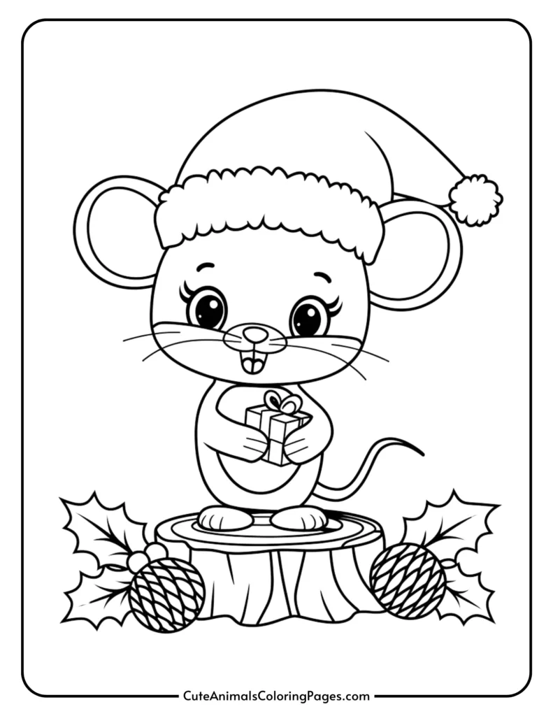 Cute cartoon mouse wearing a Christmas hat, holding a gift while standing on a tree stump surrounded by holly leaves and pine cones. Perfect for holiday-themed coloring activities.