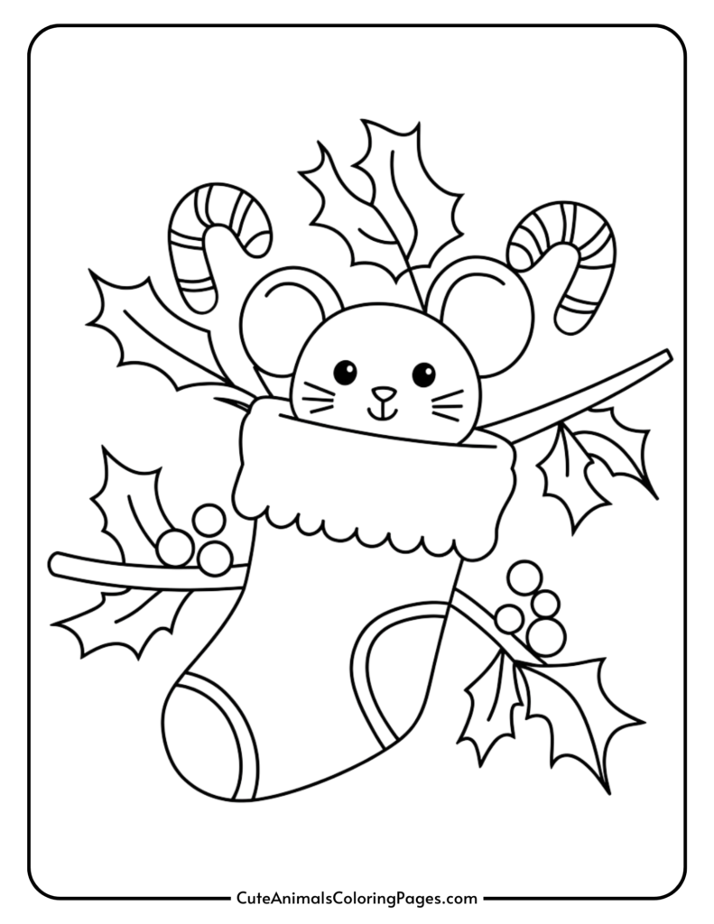 Cute coloring page featuring a cheerful mouse peeking out of a Christmas stocking surrounded by holly leaves and candy canes, perfect for holiday-themed art activities.