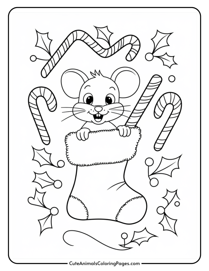 Cute coloring page featuring a cheerful mouse peeking out of a Christmas stocking, surrounded by candy canes and holly leaves, perfect for holiday-themed art activities.