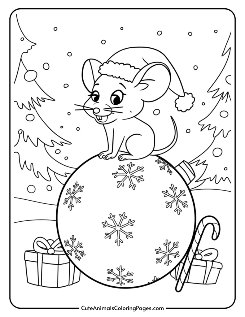 Cute cartoon mouse wearing a Santa hat sitting on a large Christmas ornament with snowflakes, surrounded by a decorated Christmas tree, candy cane, and gift boxes in a winter scene. Perfect for holiday coloring activities.