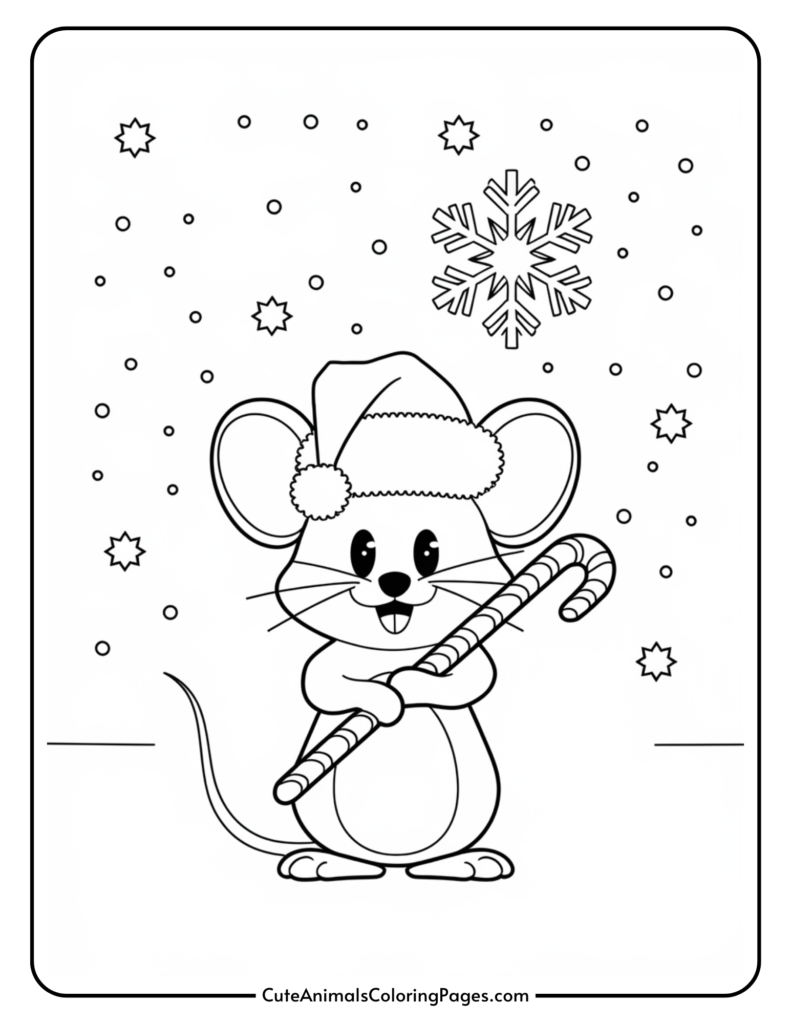 A cute cartoon mouse wearing a Santa hat holds a candy cane, surrounded by snowflakes and stars in a winter scene coloring page. Ideal for children's holiday coloring activities.