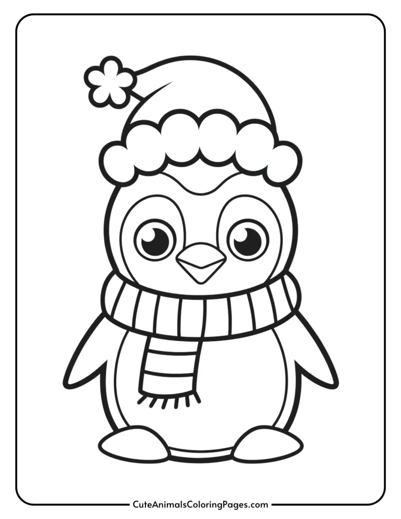 Cute cartoon penguin wearing a festive hat and scarf, designed for coloring activities. Ideal for children's art projects and holiday-themed crafts.