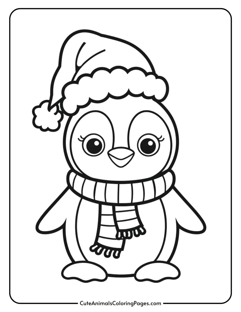 Cute cartoon penguin wearing a Santa hat and striped scarf, designed for coloring activities.