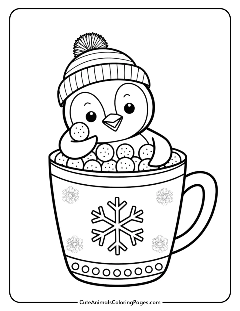 A cute penguin wearing a winter hat sits inside a large mug filled with small round treats, decorated with snowflakes and festive patterns. Ideal for a winter-themed coloring activity.