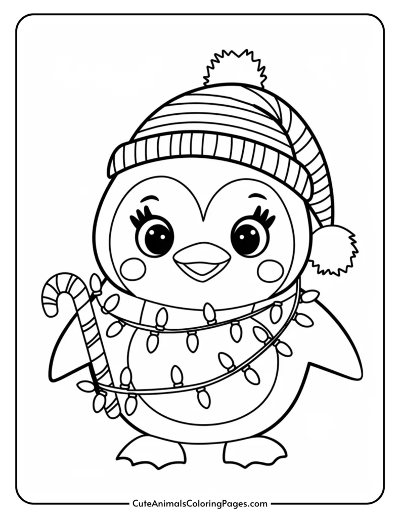 Cute cartoon penguin wearing a striped winter hat and scarf, holding a candy cane and adorned with Christmas lights, perfect for a coloring page.