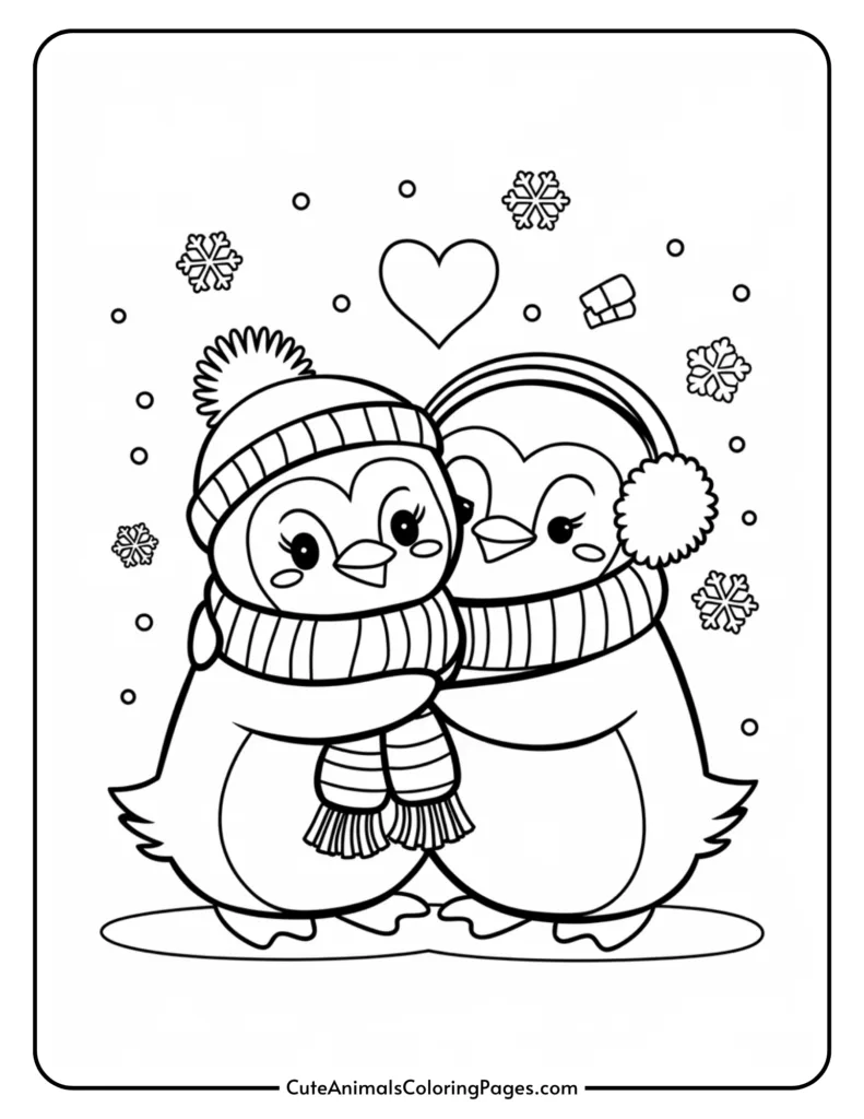 Two adorable penguins hugging in winter attire, surrounded by snowflakes and a heart, perfect for a coloring activity.