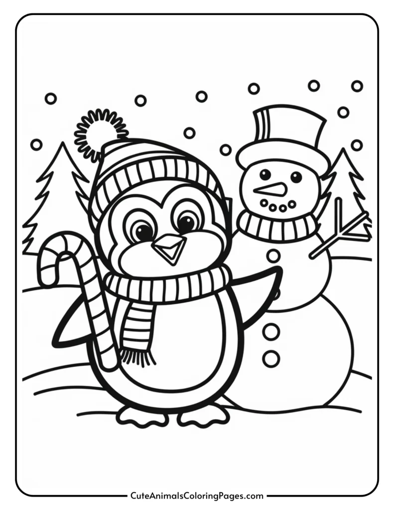 A cute penguin wearing a striped scarf and a winter hat stands next to a cheerful snowman with a top hat, surrounded by snowflakes and evergreen trees, perfect for a winter-themed coloring activity.