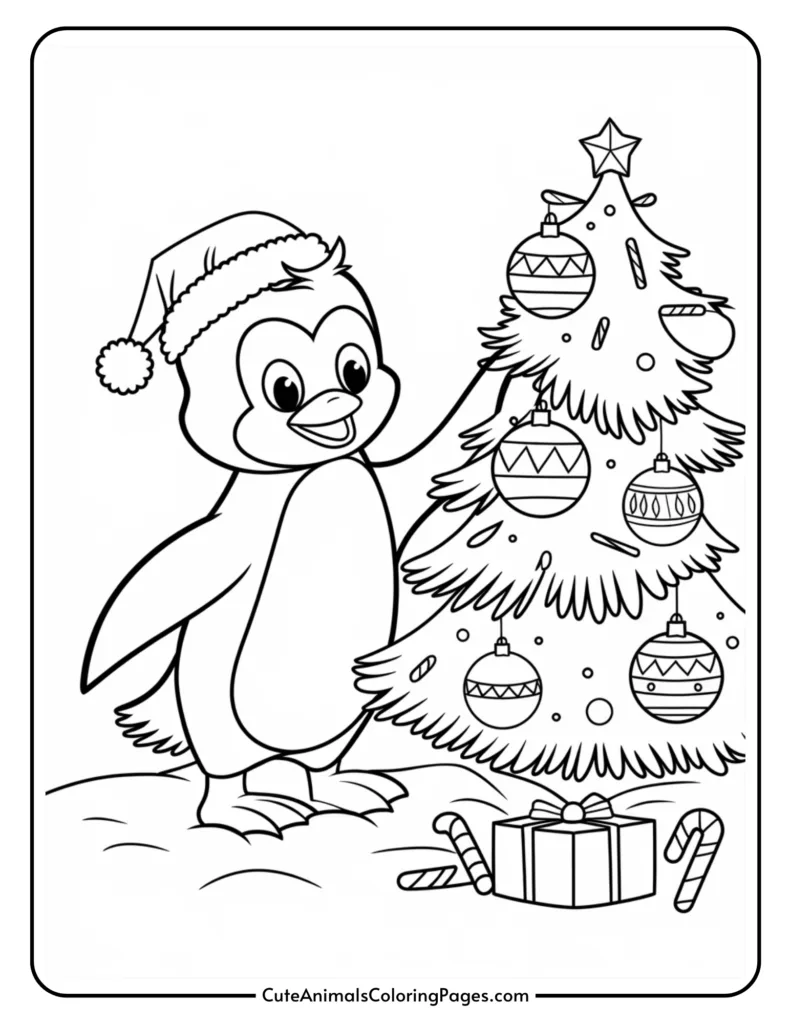 Cute penguin wearing a Santa hat decorating a Christmas tree with ornaments, surrounded by candy canes and a gift, in a black and white coloring page.