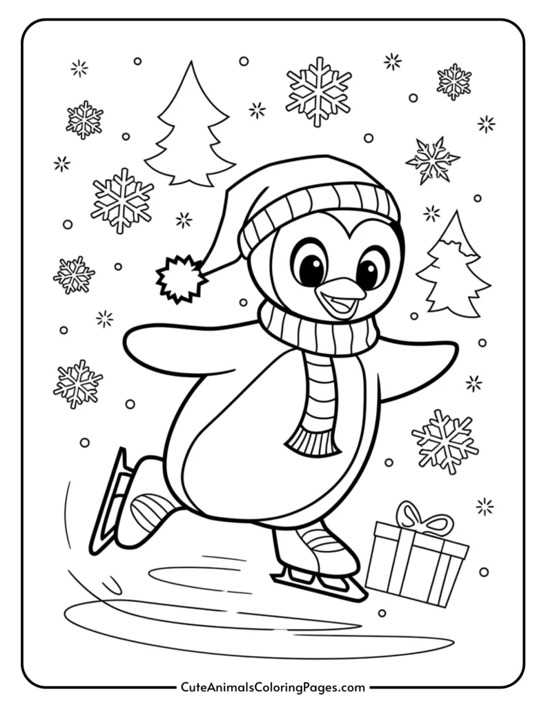 Penguin skating on ice with a festive hat and scarf, surrounded by snowflakes and Christmas trees, ideal for a winter-themed coloring activity.