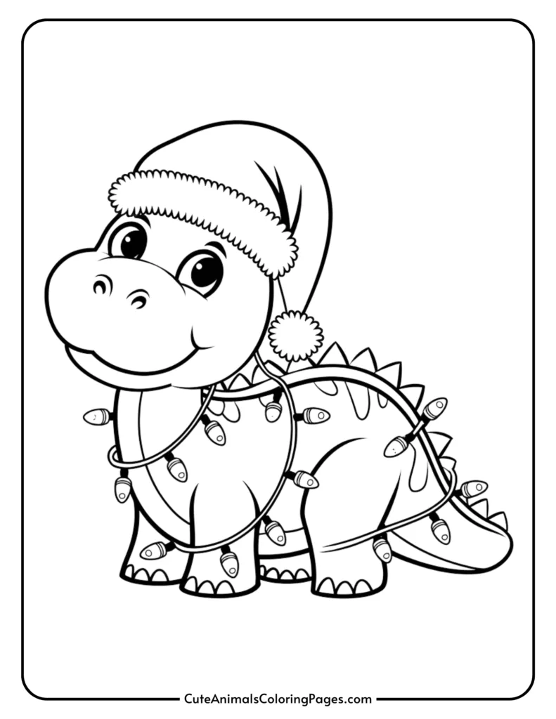 Cute dinosaur wearing a Santa hat and decorated with colorful Christmas lights, designed for a fun coloring activity.