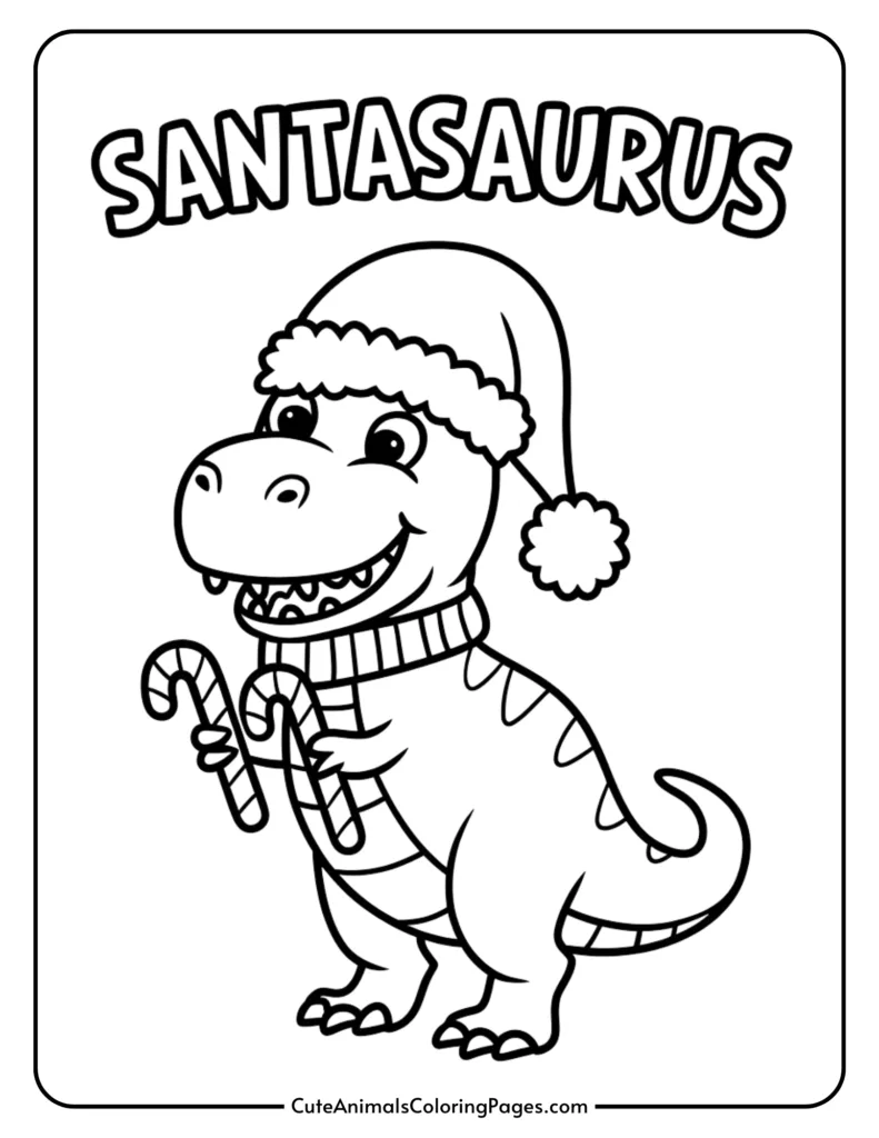 Coloring page featuring a cartoon dinosaur named Santasaurus wearing a Santa hat and holding candy canes, ideal for holiday-themed activities for children.