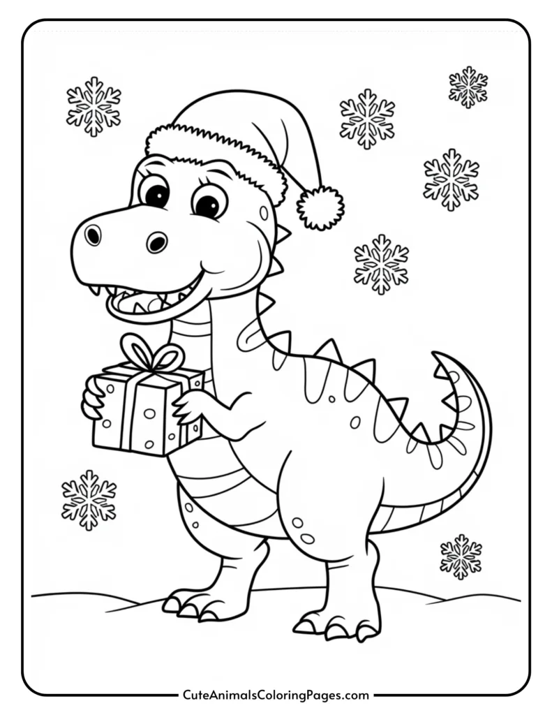 Coloring page featuring a cheerful dinosaur wearing a Santa hat and holding a gift, surrounded by snowflakes. Ideal for children's holiday-themed activities and creative coloring fun.