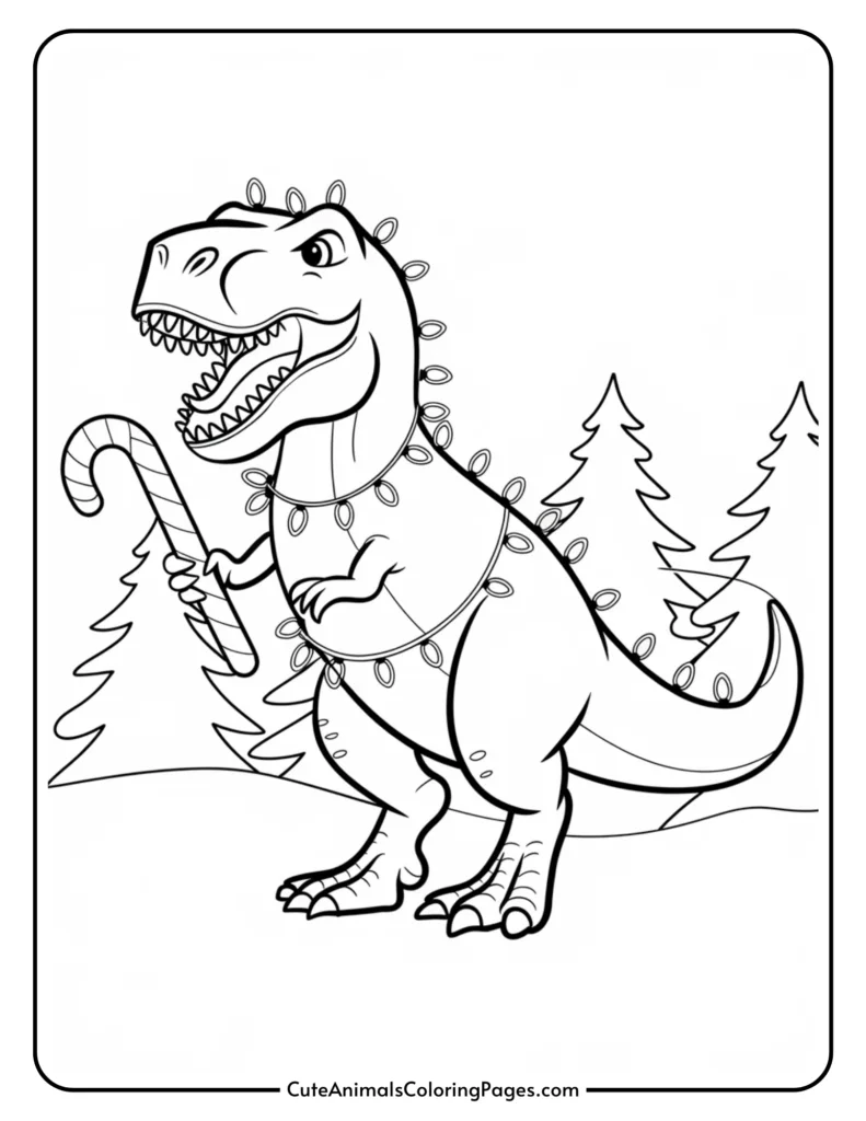 Coloring page of a dinosaur wearing Christmas lights and holding a candy cane, set against a backdrop of pine trees. Perfect for holiday-themed art activities for kids.