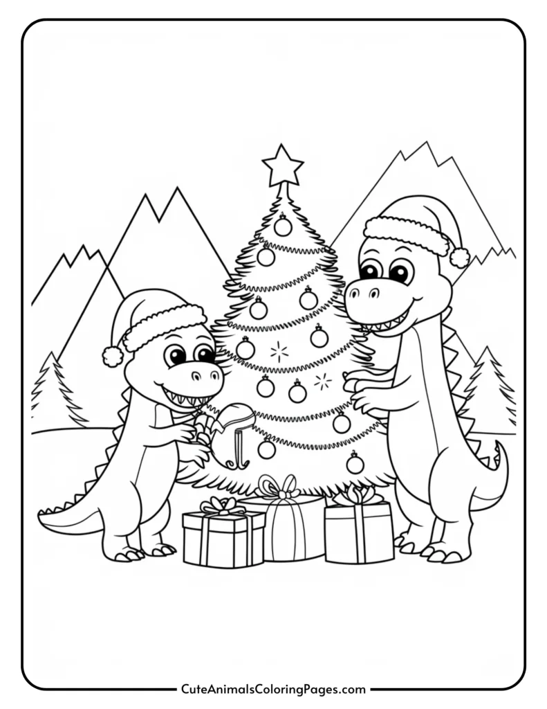 Two playful dinosaurs decorating a Christmas tree in a snowy landscape, surrounded by presents, perfect for a coloring activity.