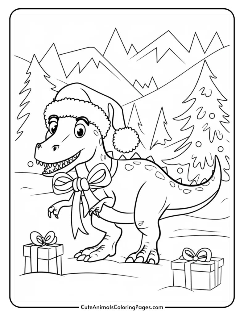 Coloring page featuring a cheerful dinosaur wearing a Santa hat, standing in a winter landscape with mountains and Christmas trees, surrounded by wrapped gifts. Ideal for kids' holiday-themed activities.