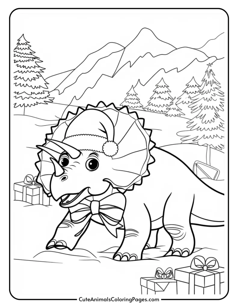 Coloring page featuring a cheerful triceratops wearing a Santa hat and a bow, surrounded by Christmas presents in a snowy landscape with mountains and pine trees. Ideal for children’s holiday-themed activities and coloring fun.