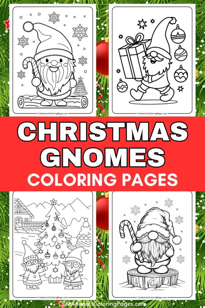 Coloring pages featuring Christmas gnomes, including festive scenes with gnomes decorating a tree, carrying gifts, and enjoying winter activities. Perfect for holiday-themed art projects and family fun.