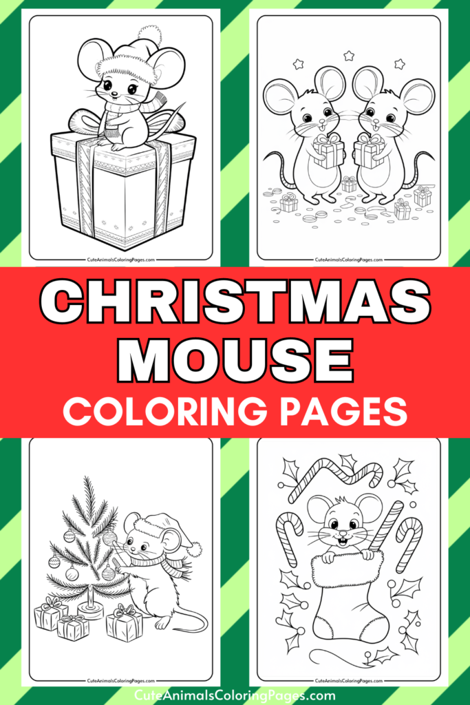 Christmas mouse coloring pages featuring adorable illustrations of mice with gifts, a Christmas tree, and festive decorations. Perfect for kids' holiday activities and creativity.