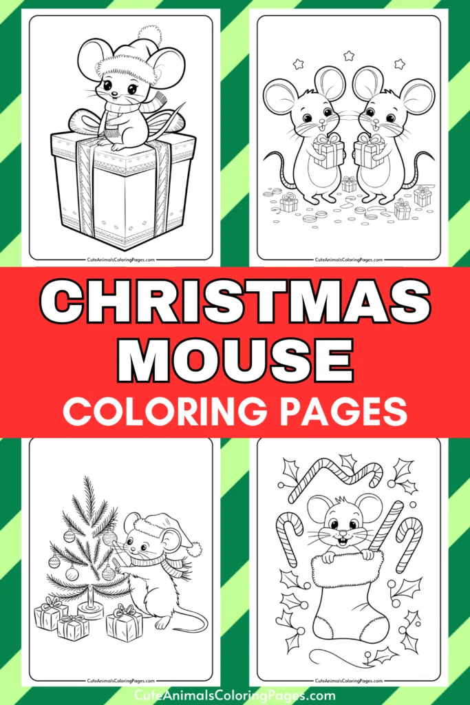 Christmas mouse coloring pages featuring adorable illustrations of mice with gifts, a Christmas tree, and festive decorations. Perfect for kids' holiday activities and creativity.