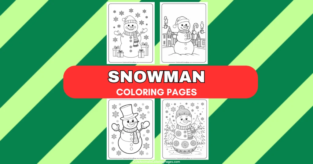 Four snowman coloring pages featuring festive designs, including snowmen with scarves, hats, and winter scenery, ideal for kids' holiday activities.