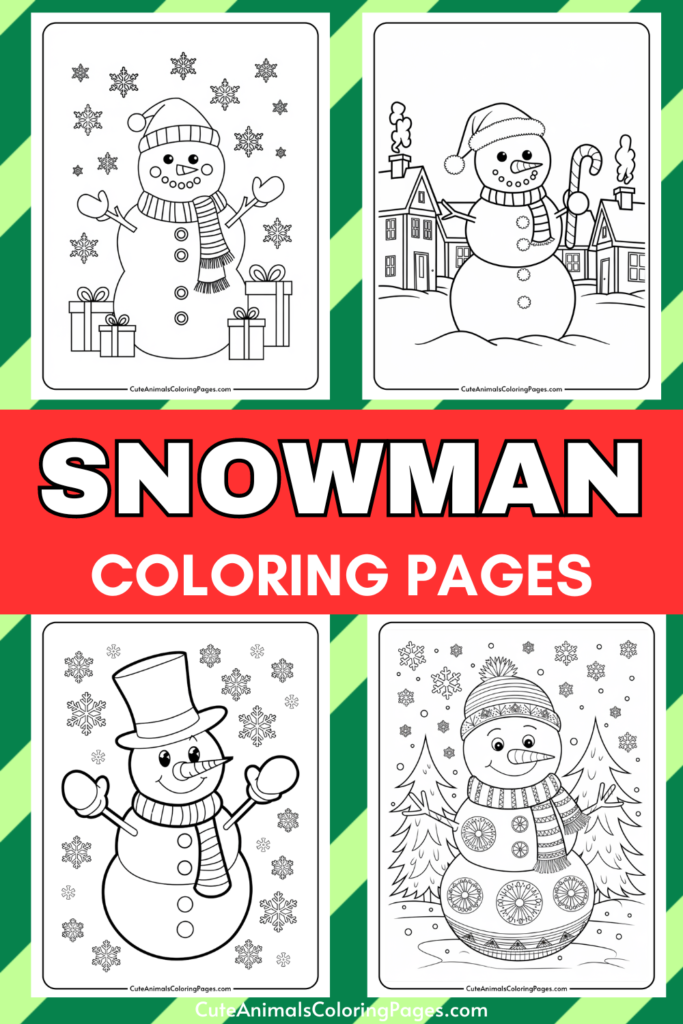 Four snowman coloring pages featuring cheerful snowmen in winter scenes, surrounded by snowflakes, gifts, and holiday decorations, perfect for kids' winter activities.