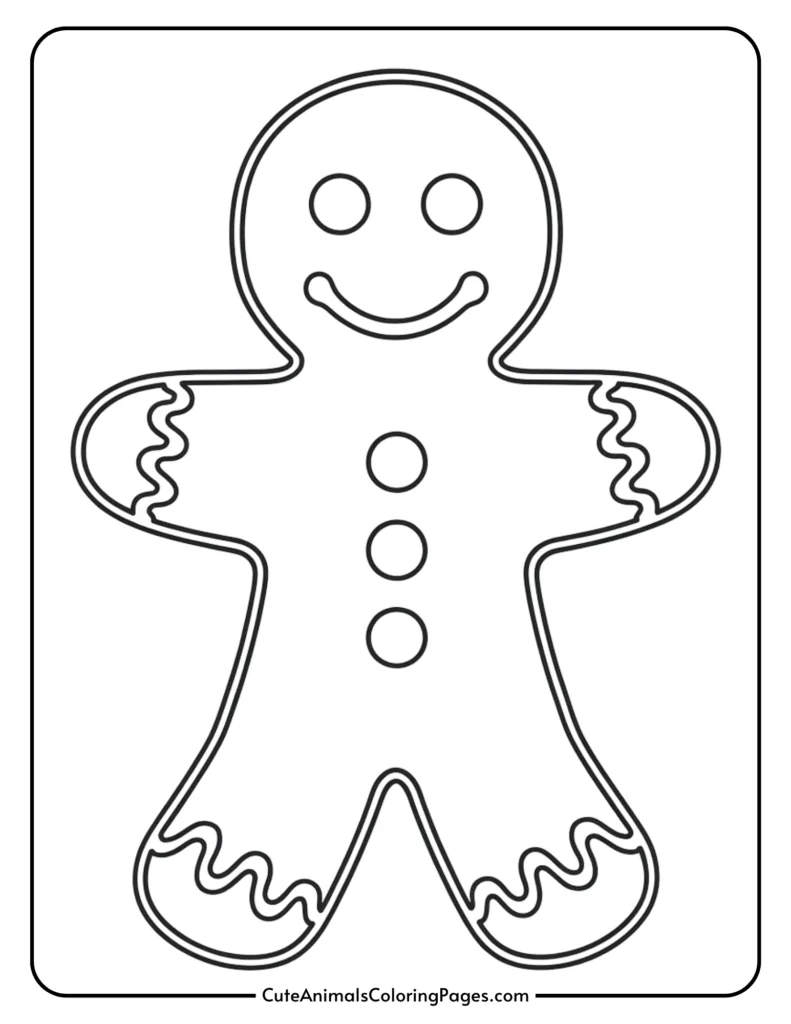 Line art illustration of a gingerbread man with a smiling face, buttons, and decorative icing details, suitable for coloring activities.