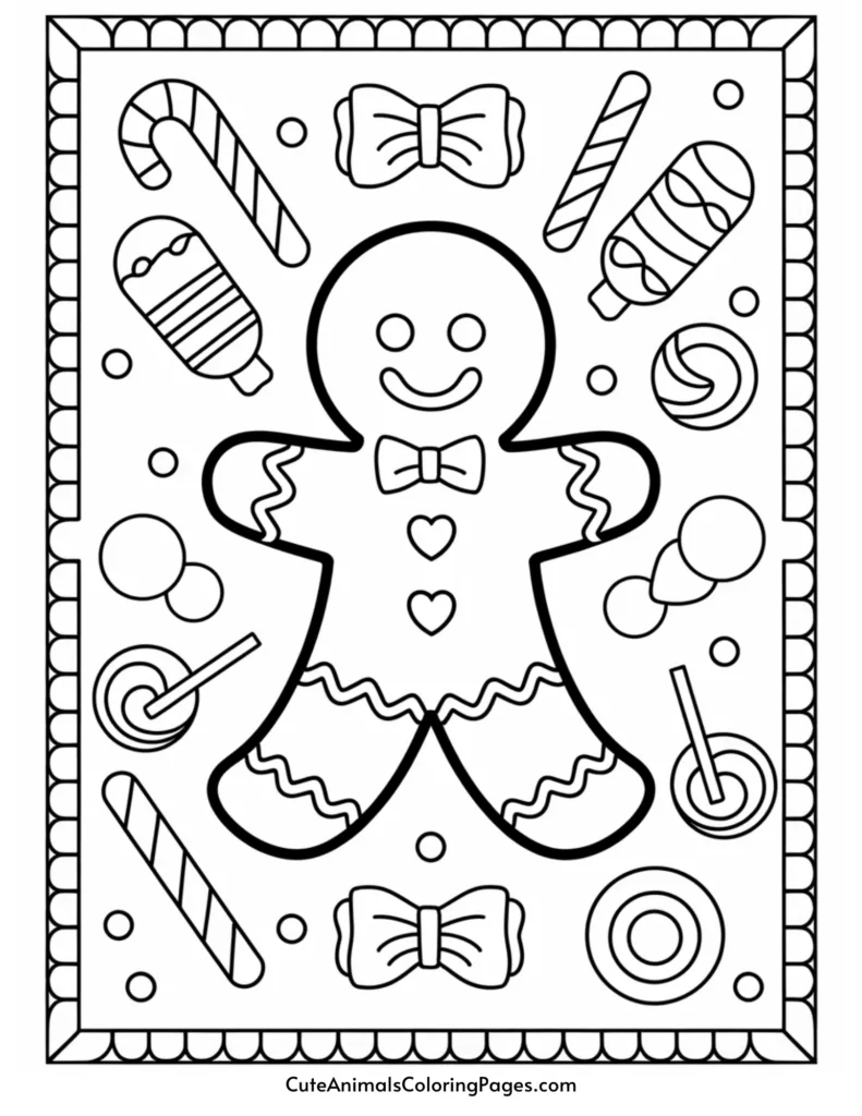 Black and white coloring page featuring a cheerful gingerbread man surrounded by various festive treats like candy canes, lollipops, and bows, perfect for holiday-themed arts and crafts activities.