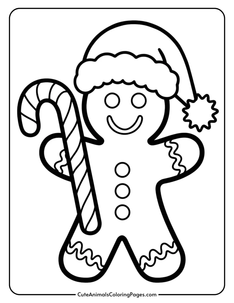 Black and white coloring page of a cheerful gingerbread man wearing a Santa hat and holding a candy cane, perfect for holiday-themed activities and crafts.