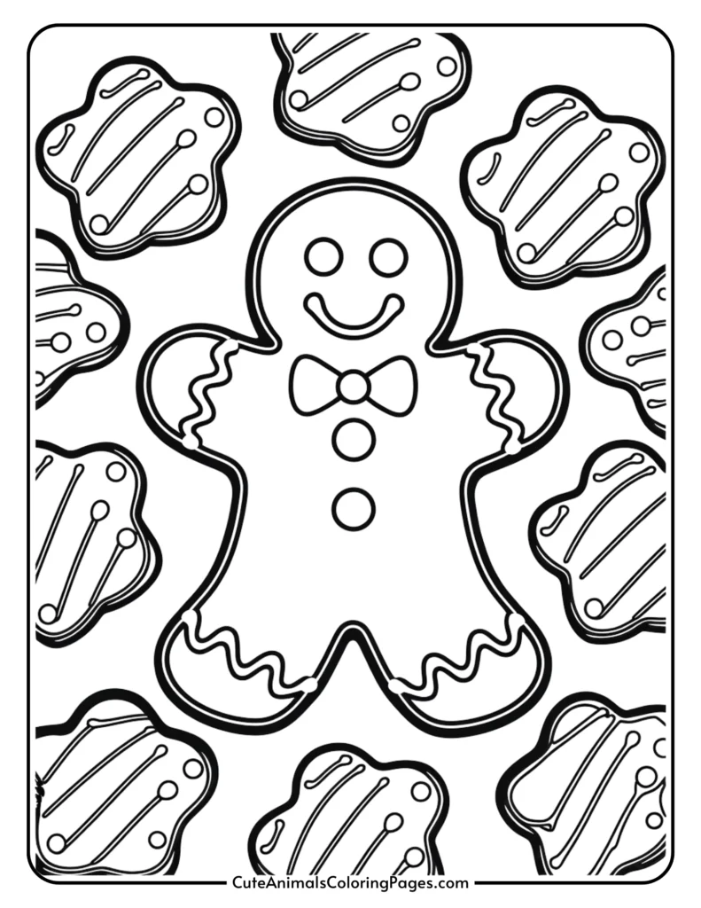 Coloring page featuring a cheerful gingerbread man surrounded by decorated cookies, ideal for holiday-themed activities and creative fun for kids.