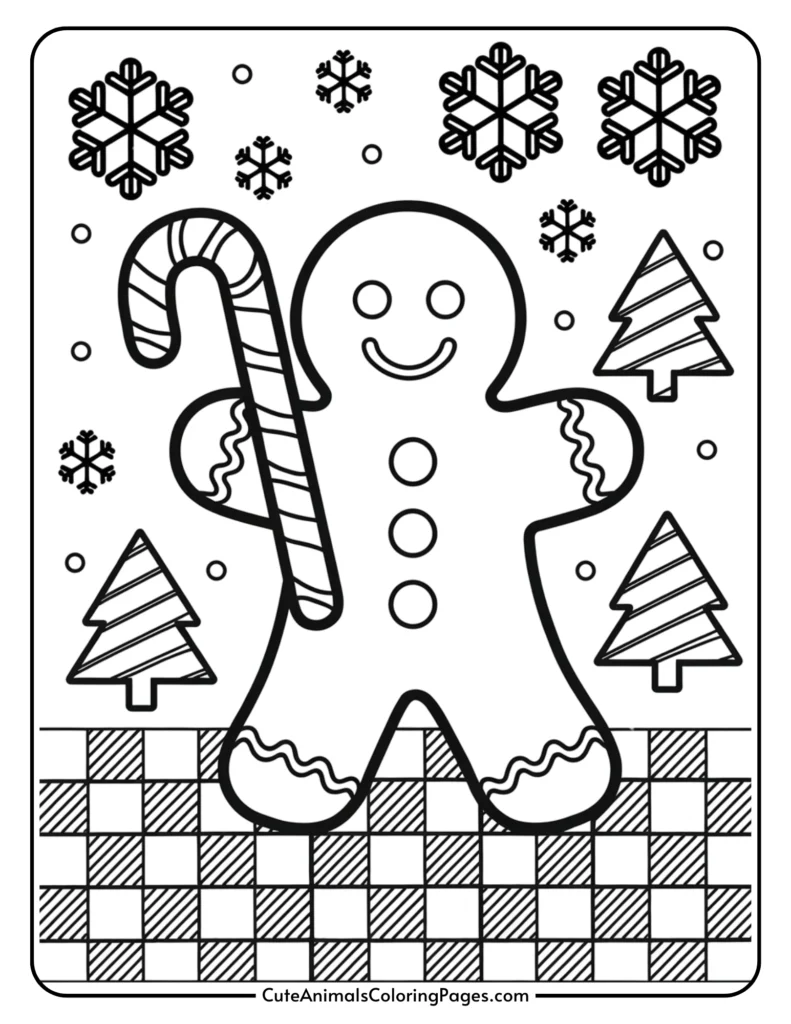 Gingerbread man holding a candy cane surrounded by snowflakes and Christmas trees, illustrated in a coloring page style. Perfect for holiday-themed arts and crafts activities.