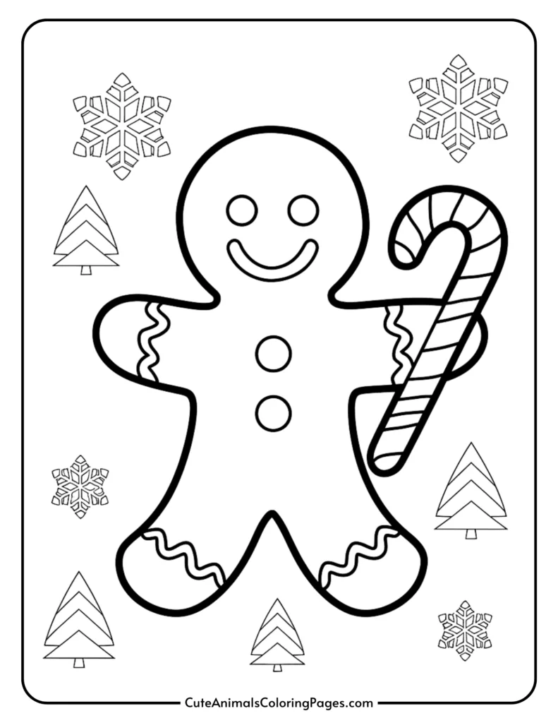 Coloring page featuring a cheerful gingerbread man holding a candy cane, surrounded by snowflakes and Christmas trees, perfect for holiday-themed art activities.