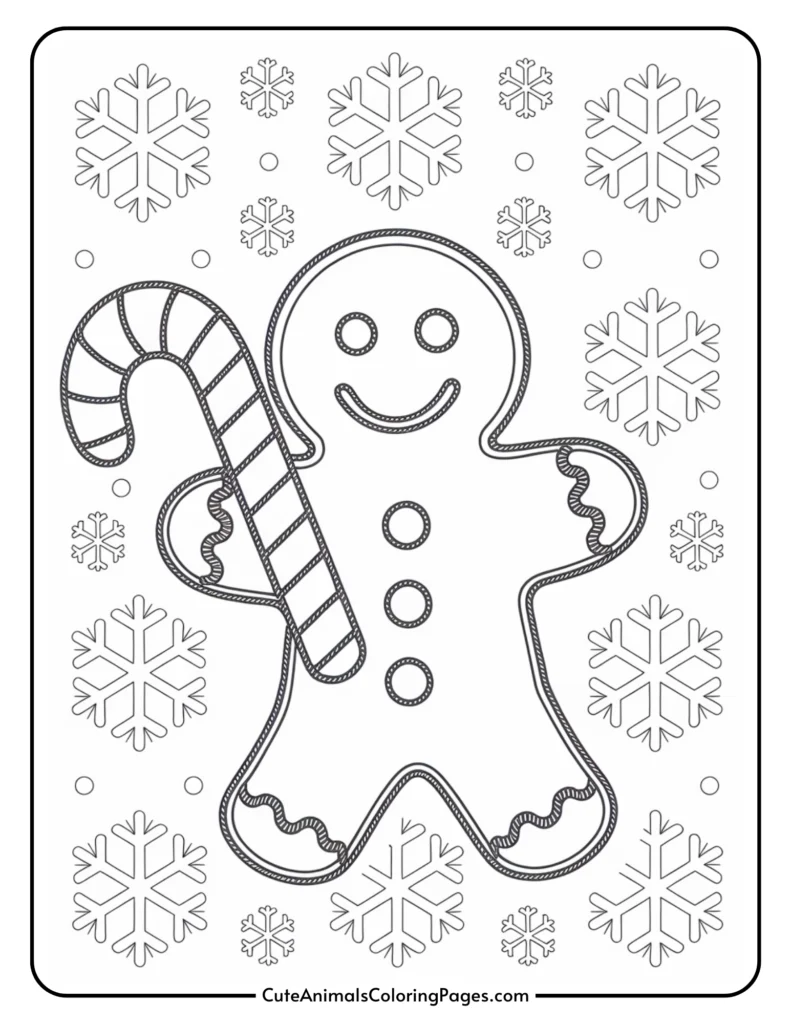 Gingerbread man coloring page featuring a smiling character holding a candy cane, surrounded by snowflakes and dots, perfect for holiday-themed crafts and activities.