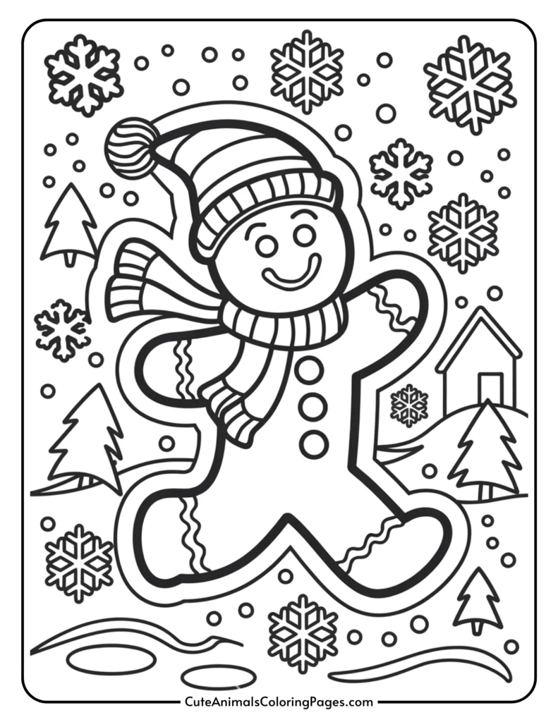 Gingerbread man coloring page featuring a smiling character in a winter scene with snowflakes, pine trees, and a small house. Perfect for holiday-themed art activities for kids.