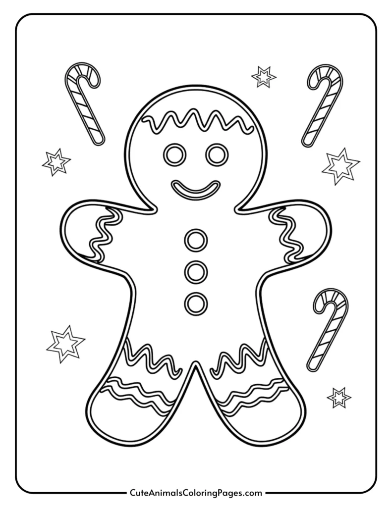 Gingerbread man coloring page featuring a cheerful character surrounded by candy canes and stars, perfect for holiday-themed art activities.