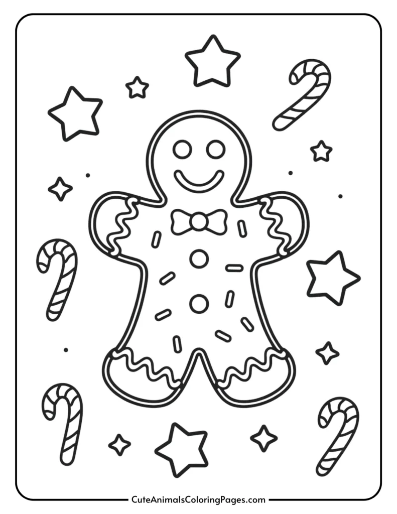 Gingerbread man coloring page featuring a smiling character with a bow tie, surrounded by candy canes and stars, perfect for holiday-themed art activities.