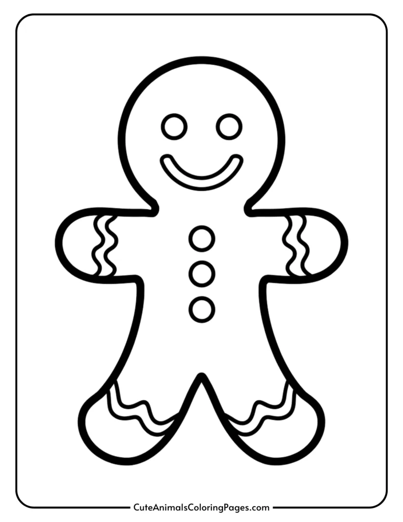 Line art illustration of a cheerful gingerbread man with a smiling face, buttons, and decorative icing details, ideal for coloring activities.