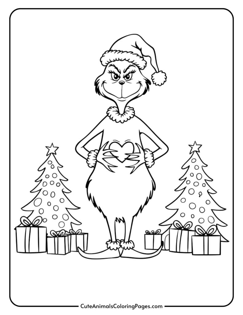 Grinch character in a Santa hat standing between two decorated Christmas trees, surrounded by colorful presents, designed for a festive coloring page.