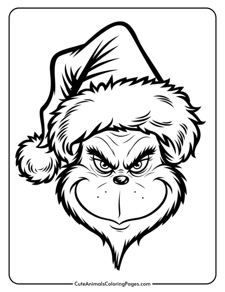 Black and white coloring page illustration of a grumpy character wearing a Santa hat, featuring exaggerated facial features and an angry expression, suitable for holiday-themed art activities.