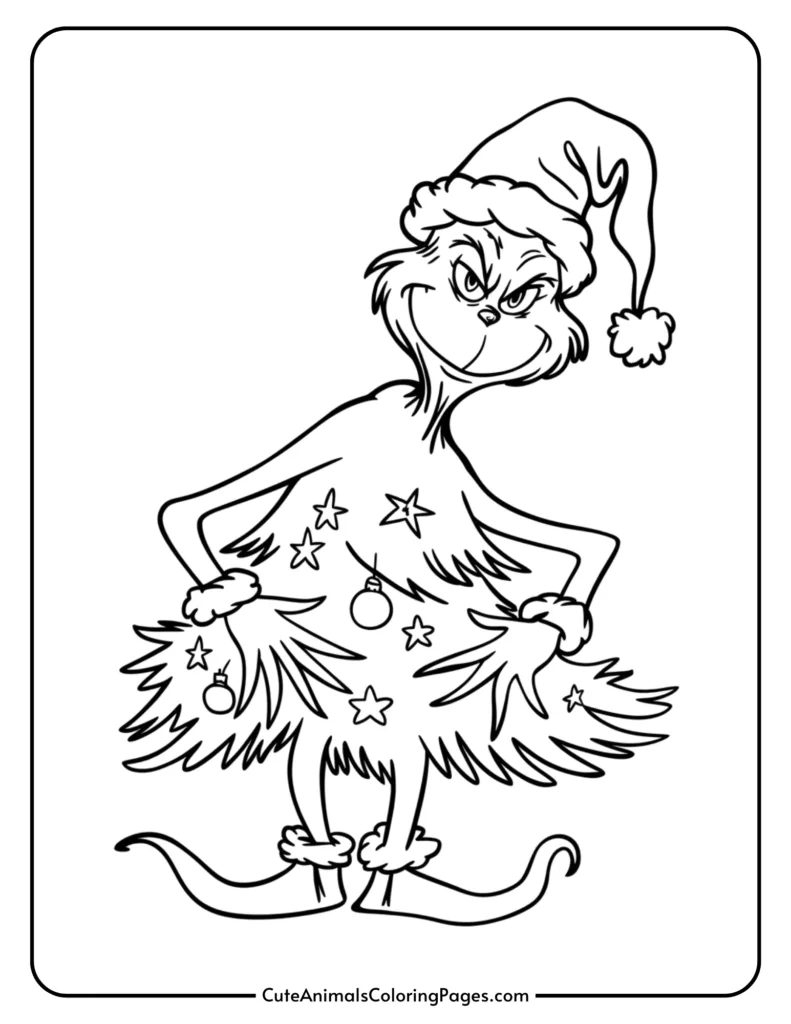 Coloring page featuring a whimsical character resembling a Christmas tree, complete with ornaments and a festive hat, ideal for holiday-themed activities and children's art projects.