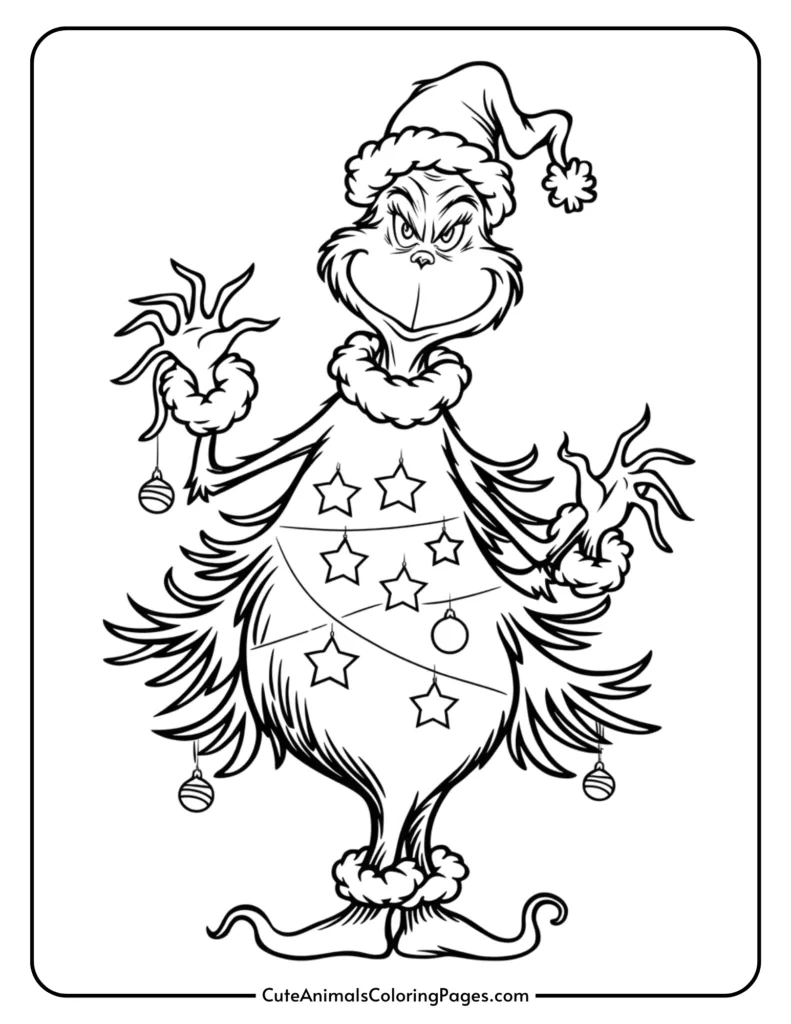 Grinch character illustration in a Santa hat, surrounded by Christmas ornaments and stars, perfect for holiday-themed coloring activities.