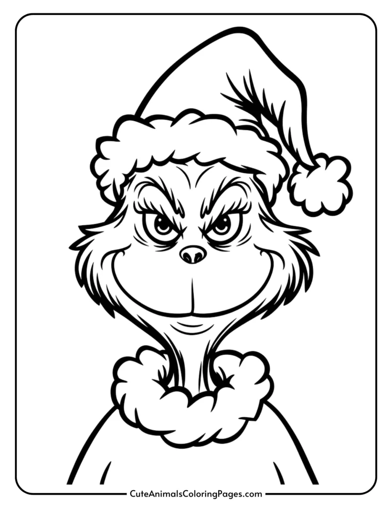 Black and white coloring page illustration of a Grinch-like character wearing a Santa hat and fluffy collar, perfect for holiday-themed art activities.