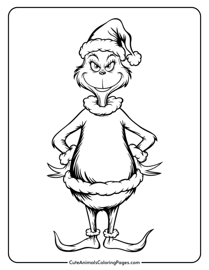 Black and white illustration of a cartoon character resembling the Grinch, wearing a Santa hat and festive outfit, with a mischievous expression, ideal for holiday-themed coloring activities.