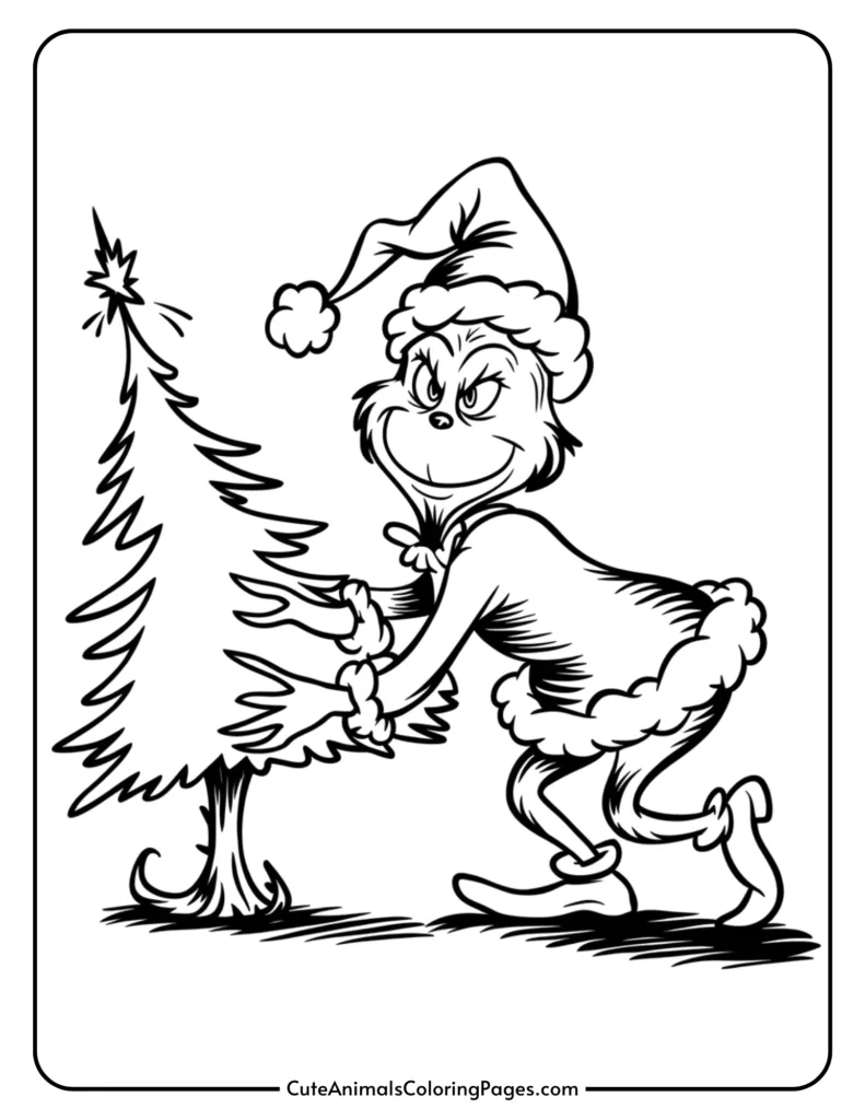 A whimsical illustration of a character resembling the Grinch, wearing a Santa hat and festive outfit, joyfully embracing a Christmas tree. This black-and-white coloring page is perfect for holiday-themed activities and creative fun.