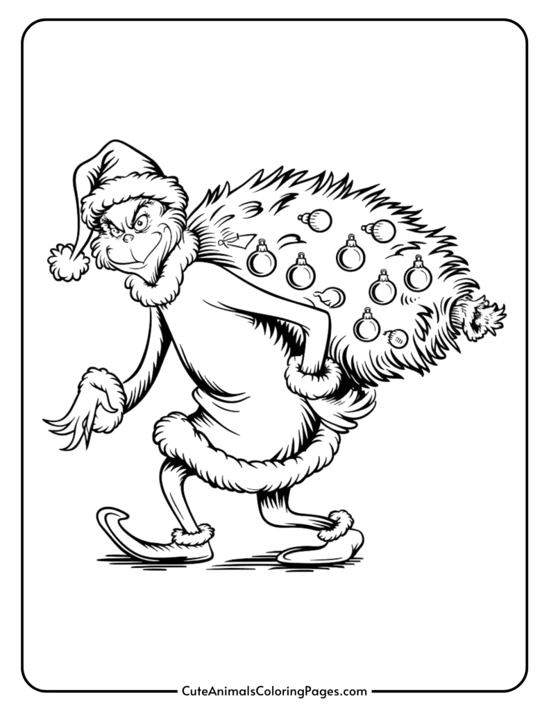 Illustration of a mischievous character resembling a holiday figure, wearing a Santa hat and coat, carrying a large sack filled with Christmas ornaments, perfect for a festive coloring activity.