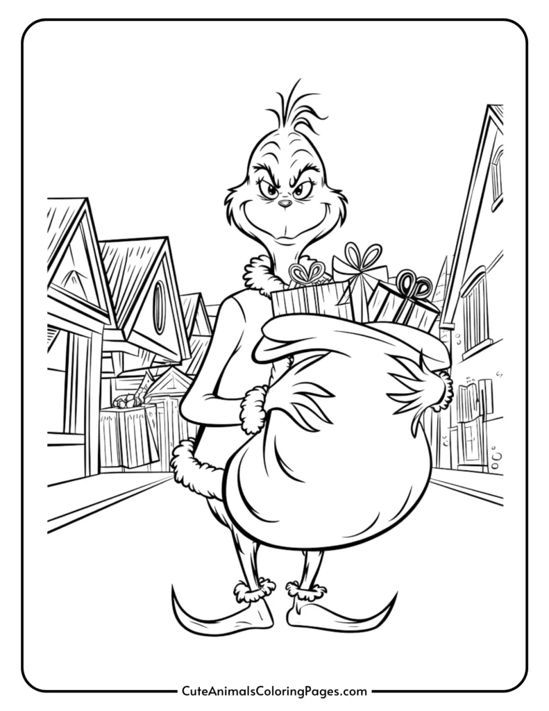 A black and white illustration of a character resembling the Grinch, holding a large sack filled with gifts, standing in a festive street lined with houses. Ideal for a holiday-themed coloring activity.