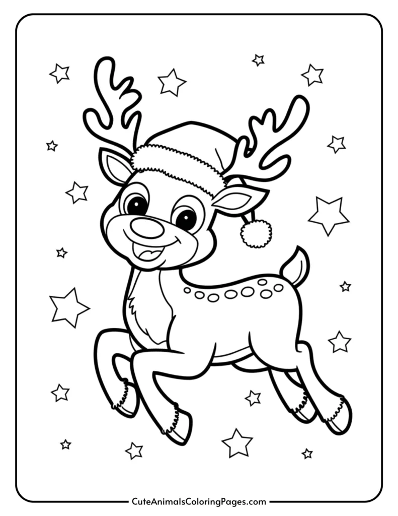 Cute cartoon reindeer wearing a Santa hat, surrounded by stars, designed for a coloring page. Perfect for holiday-themed activities and children's art projects.